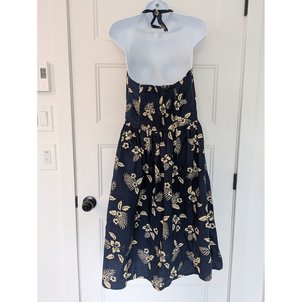 Navy Blue Tropical Hibiscus Floral Cotton Halter Midi Dress Large - Picture 3 of 10